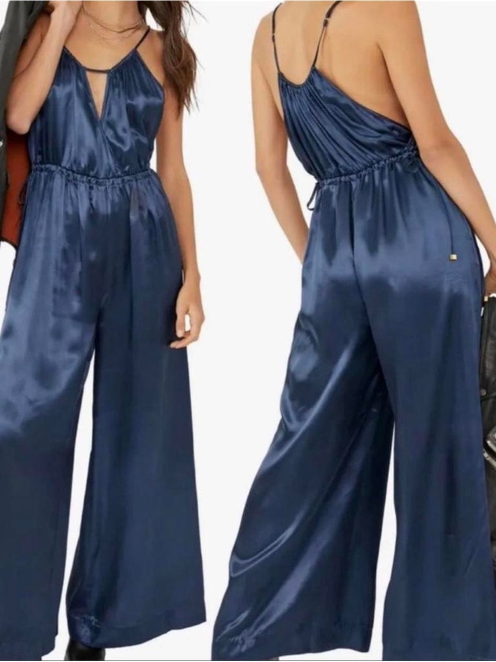 Free peopleSatin Navy Wide-Leg Jumpsuit - Elegant V-Neck Spaghetti Strap